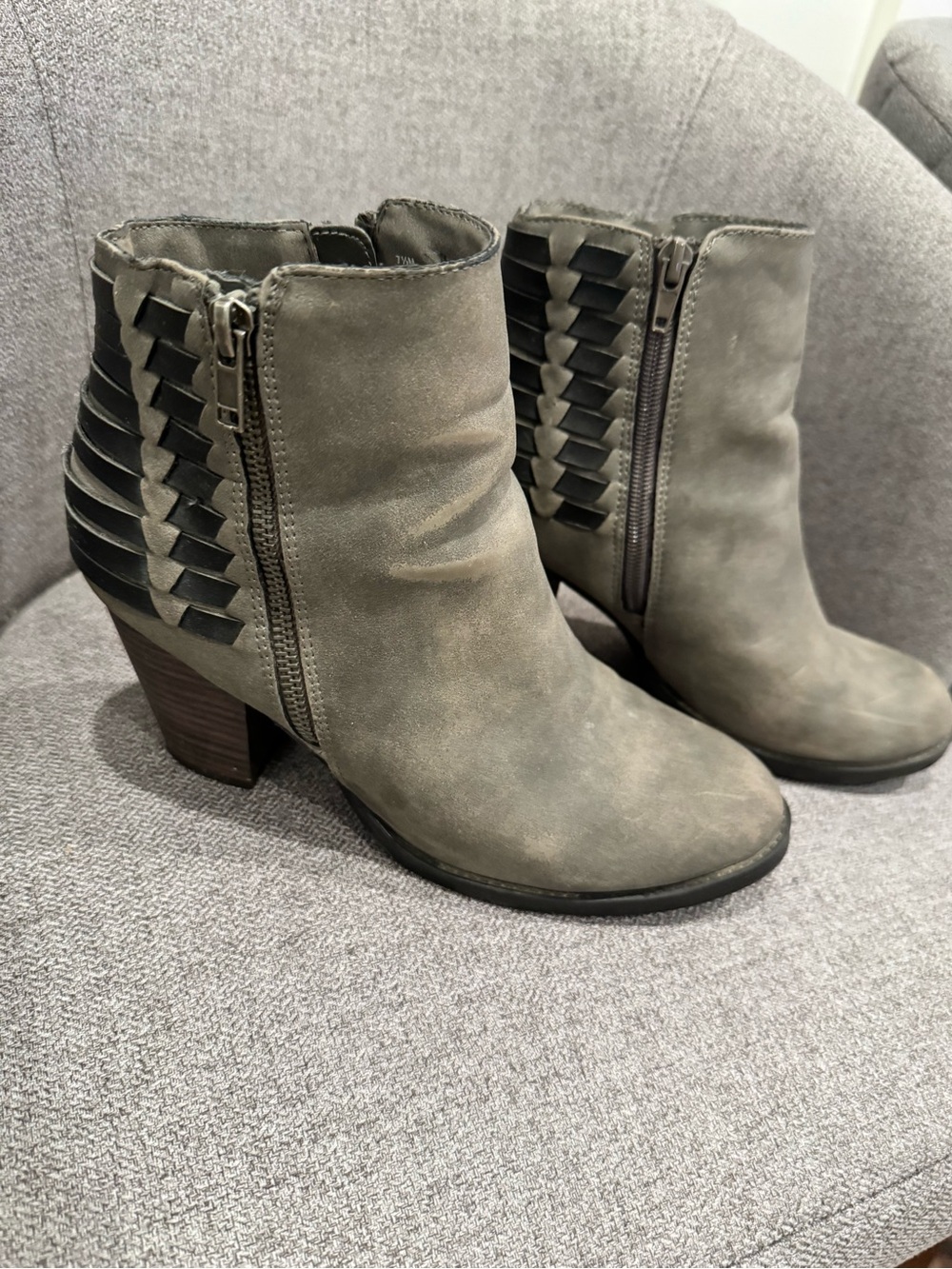 Sugar Gray Suede Ankle Booties with Stacked Heel and Woven Back Detail